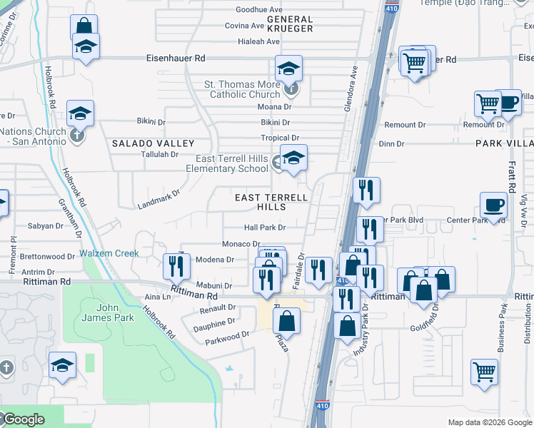map of restaurants, bars, coffee shops, grocery stores, and more near 4329 Hall Park Dr in San Antonio