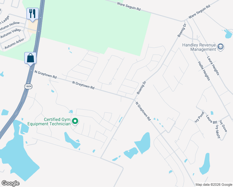 map of restaurants, bars, coffee shops, grocery stores, and more near 6643 North Graytown Road in Converse