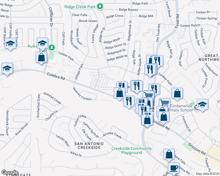 map of restaurants, bars, coffee shops, grocery stores, and more near 9595 Culebra Road in San Antonio