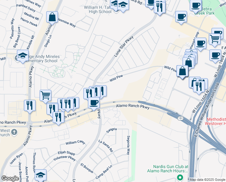 map of restaurants, bars, coffee shops, grocery stores, and more near 11585 Alamo Ranch Parkway in San Antonio