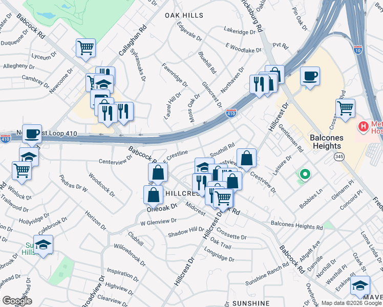 map of restaurants, bars, coffee shops, grocery stores, and more near 214 East Crestline Drive in San Antonio
