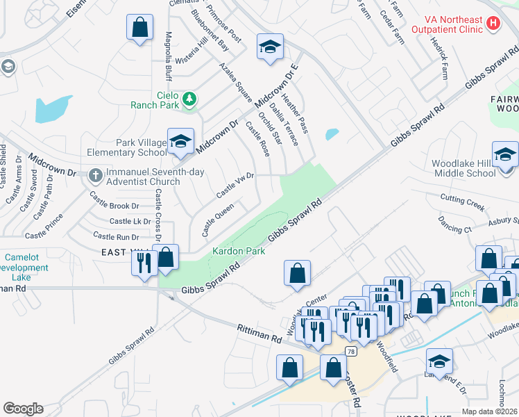 map of restaurants, bars, coffee shops, grocery stores, and more near 6082 Castle Hunt Drive in San Antonio