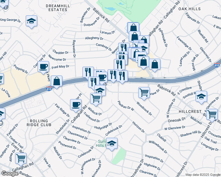 map of restaurants, bars, coffee shops, grocery stores, and more near 4625 Centerview Drive in San Antonio