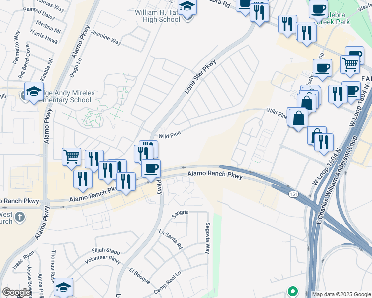 map of restaurants, bars, coffee shops, grocery stores, and more near 11585 Alamo Ranch Parkway in San Antonio