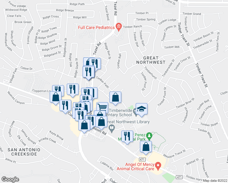 map of restaurants, bars, coffee shops, grocery stores, and more near 8830 Timbercliff Street in San Antonio