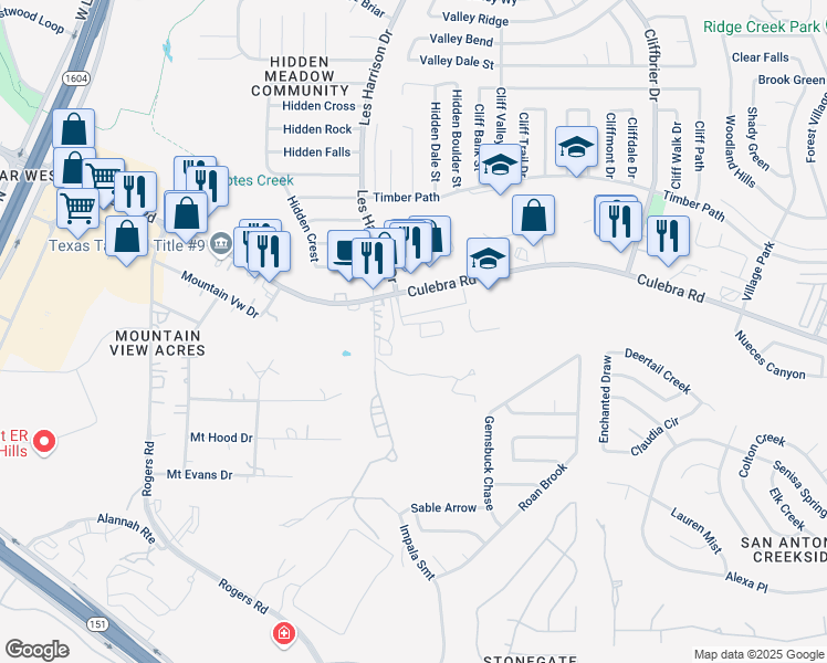 map of restaurants, bars, coffee shops, grocery stores, and more near 10148 Culebra Road in San Antonio