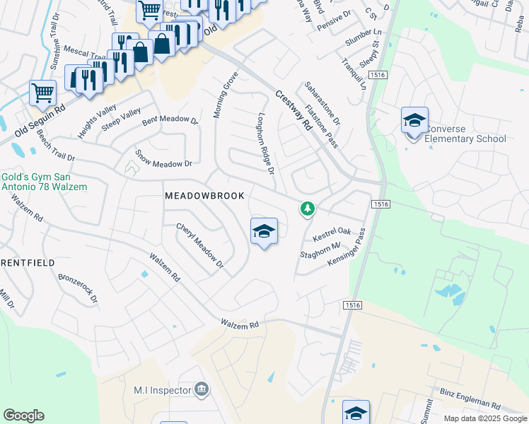 map of restaurants, bars, coffee shops, grocery stores, and more near 6811 Celes Meadow Drive in Converse