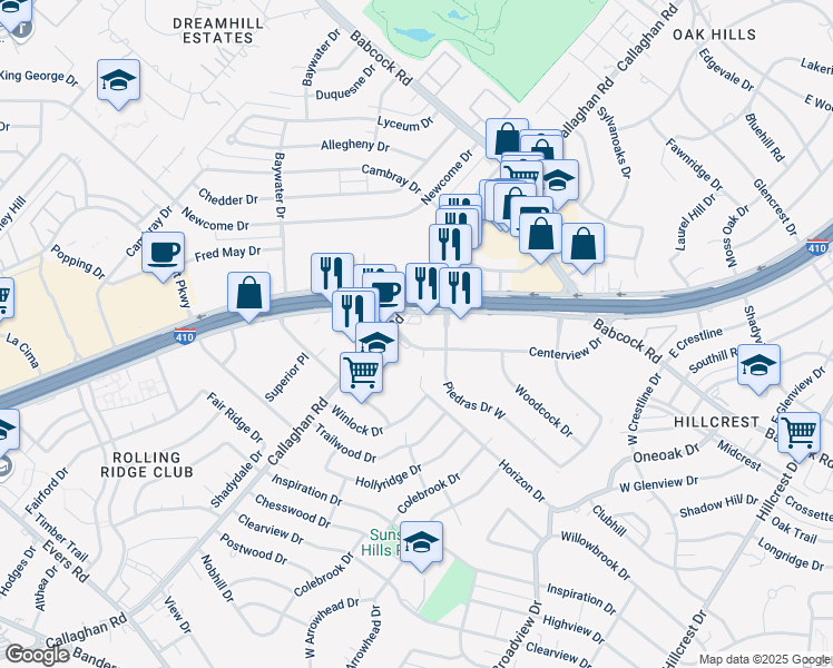 map of restaurants, bars, coffee shops, grocery stores, and more near 4625 Centerview Drive in San Antonio