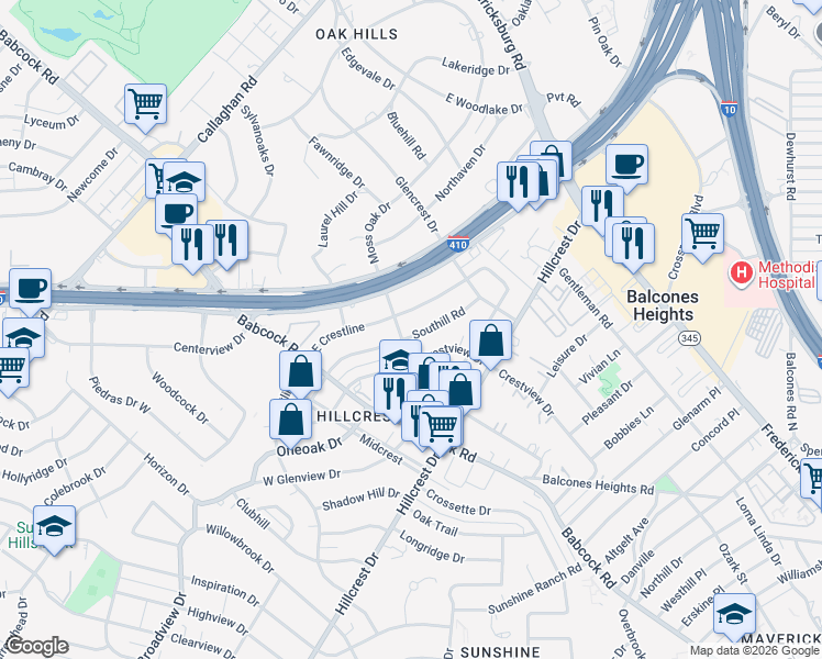 map of restaurants, bars, coffee shops, grocery stores, and more near 207 Southill Rd in San Antonio