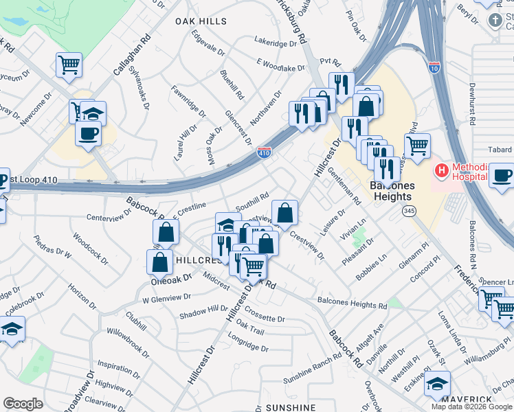 map of restaurants, bars, coffee shops, grocery stores, and more near 230 Southill Road in San Antonio