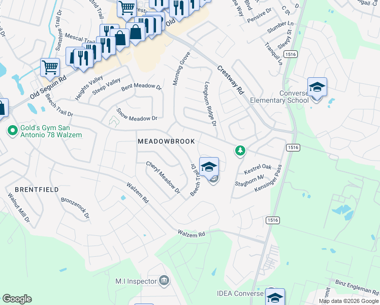 map of restaurants, bars, coffee shops, grocery stores, and more near 6439 Beech Trail Drive in Converse