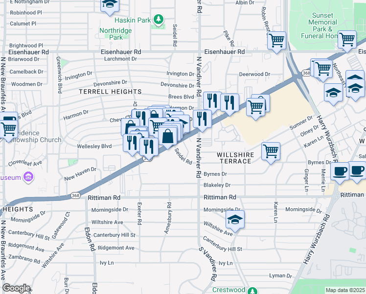 map of restaurants, bars, coffee shops, grocery stores, and more near 1254 Austin Highway in San Antonio