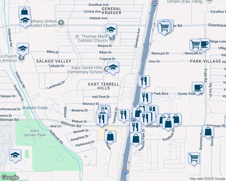 map of restaurants, bars, coffee shops, grocery stores, and more near 4433 Hall Park Drive in San Antonio