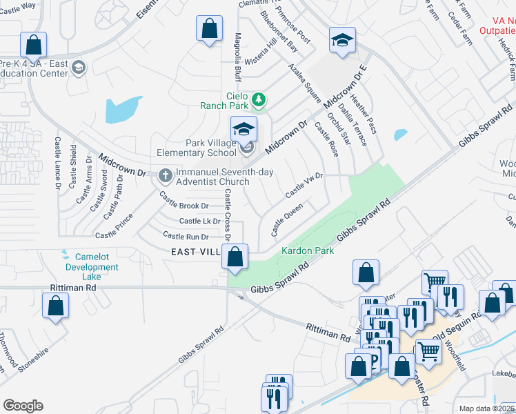 map of restaurants, bars, coffee shops, grocery stores, and more near 4810 Castle Bridge in San Antonio