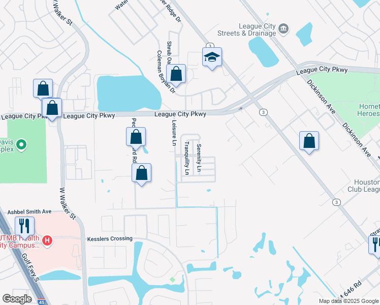 map of restaurants, bars, coffee shops, grocery stores, and more near 1998 Tranquility Lane in League City