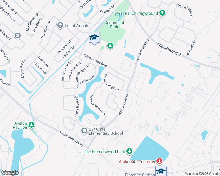 map of restaurants, bars, coffee shops, grocery stores, and more near 2312 Dolan Springs Lane in Friendswood
