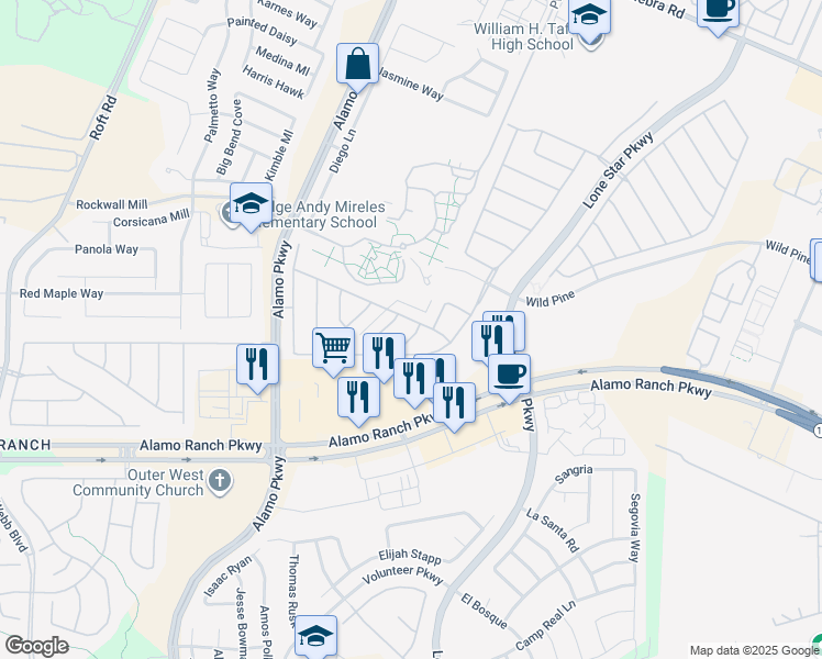 map of restaurants, bars, coffee shops, grocery stores, and more near 5627 Wayne Path in San Antonio