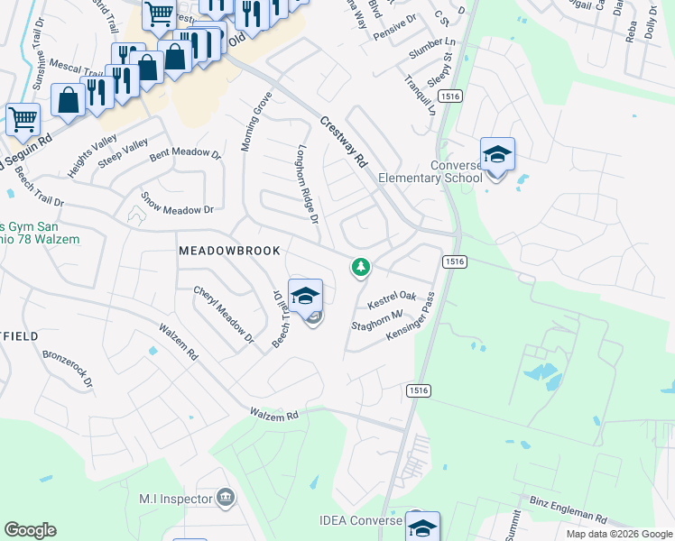 map of restaurants, bars, coffee shops, grocery stores, and more near 8154 Easy Meadow Dr in Converse