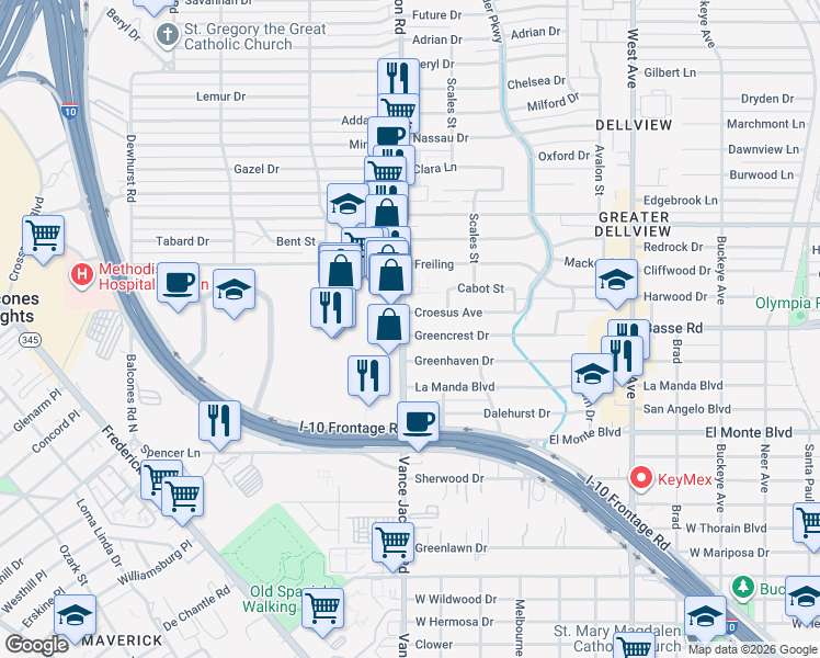 map of restaurants, bars, coffee shops, grocery stores, and more near 2527 Greencrest Drive in San Antonio