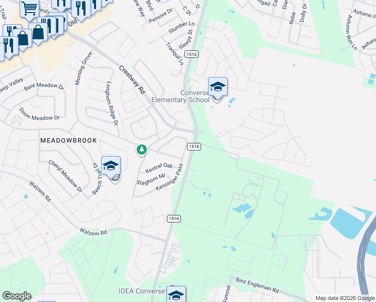 map of restaurants, bars, coffee shops, grocery stores, and more near 6323 Kensinger Pass in Converse