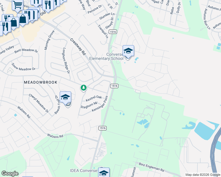 map of restaurants, bars, coffee shops, grocery stores, and more near 6323 Kensinger Pass in Converse