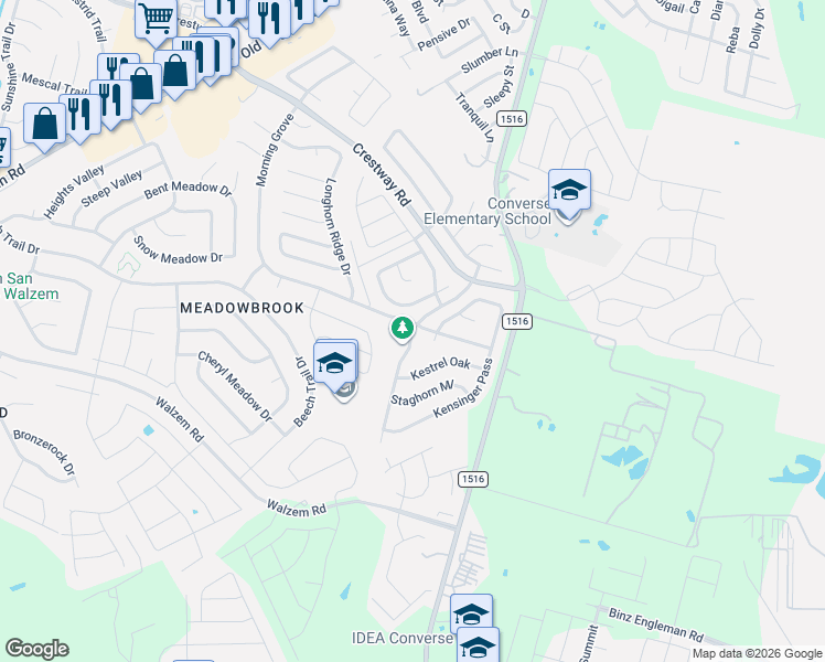map of restaurants, bars, coffee shops, grocery stores, and more near 6255 Ironmill Creek in Converse