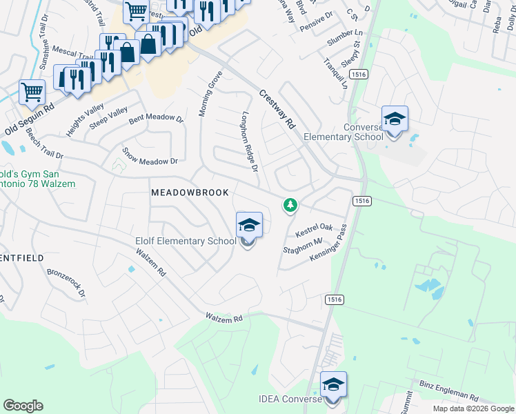 map of restaurants, bars, coffee shops, grocery stores, and more near 6811 Celes Meadow Drive in Converse