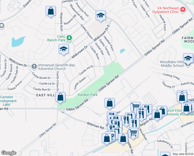 map of restaurants, bars, coffee shops, grocery stores, and more near 6082 Castle Hunt in San Antonio