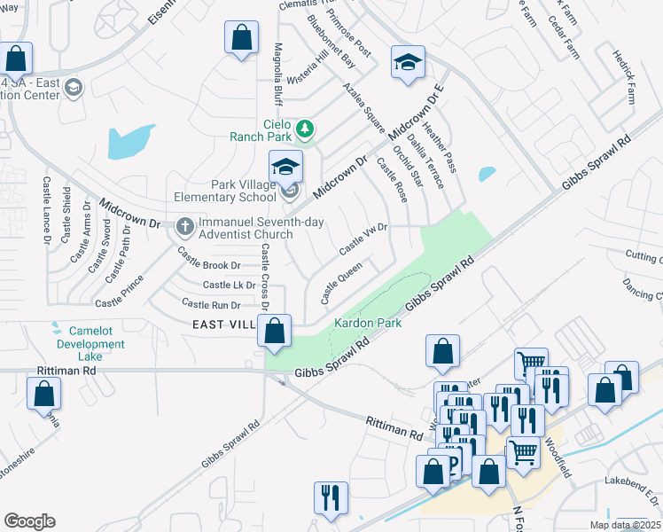 map of restaurants, bars, coffee shops, grocery stores, and more near 6022 Castle View in San Antonio