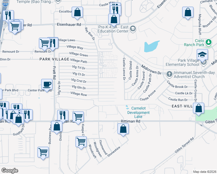 map of restaurants, bars, coffee shops, grocery stores, and more near 5223 Village Glen in San Antonio