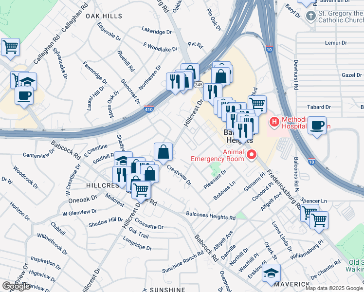 map of restaurants, bars, coffee shops, grocery stores, and more near 3102 Hillcrest Drive in Balcones Heights