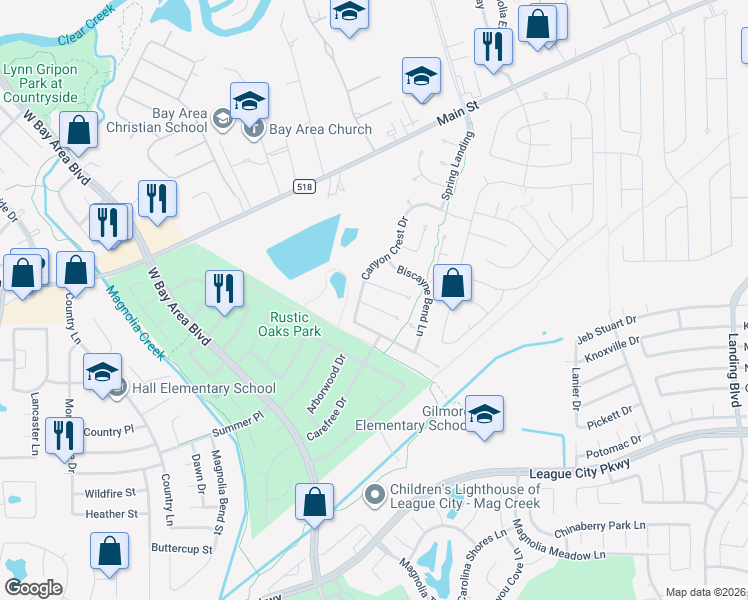 map of restaurants, bars, coffee shops, grocery stores, and more near 4516 Avery Hollow Ct in League City