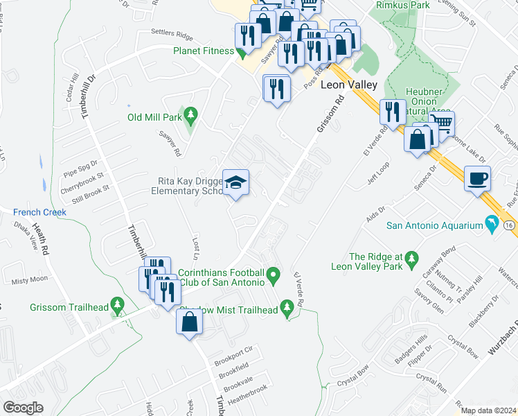 map of restaurants, bars, coffee shops, grocery stores, and more near 6195 Grissom Road in Leon Valley
