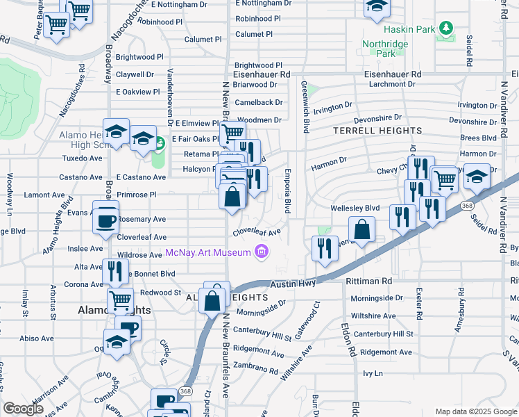 map of restaurants, bars, coffee shops, grocery stores, and more near 119 Pinecrest Boulevard in San Antonio