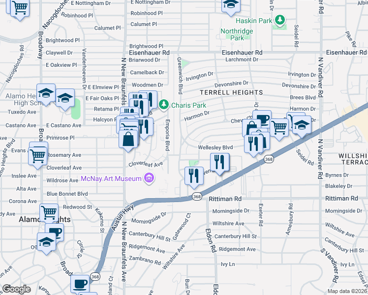 map of restaurants, bars, coffee shops, grocery stores, and more near 118 Greenwich Boulevard in San Antonio