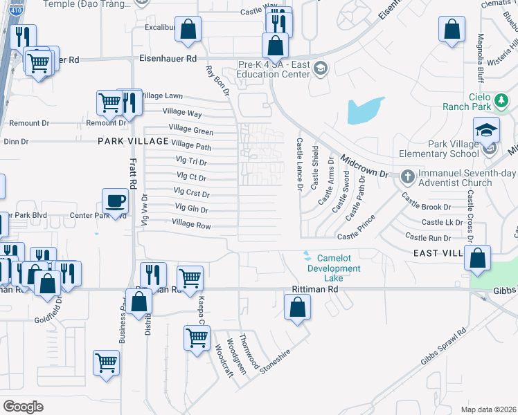 map of restaurants, bars, coffee shops, grocery stores, and more near 5223 Village Glen in San Antonio