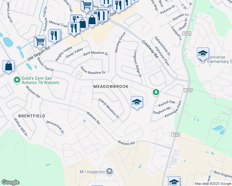 map of restaurants, bars, coffee shops, grocery stores, and more near 8069 Chestnut Barr Drive in Converse