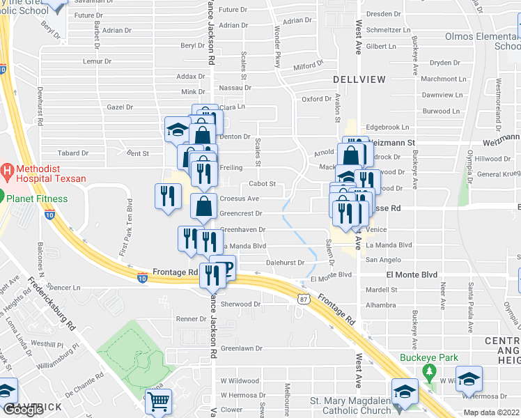 map of restaurants, bars, coffee shops, grocery stores, and more near 2403 Greencrest Dr in San Antonio