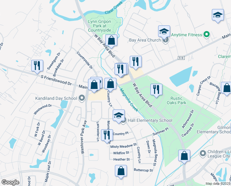 map of restaurants, bars, coffee shops, grocery stores, and more near 5683 Country Glen Street in League City