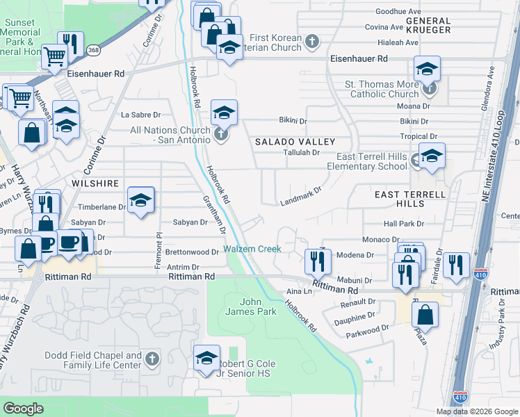 map of restaurants, bars, coffee shops, grocery stores, and more near 4002 Landmark Drive in San Antonio
