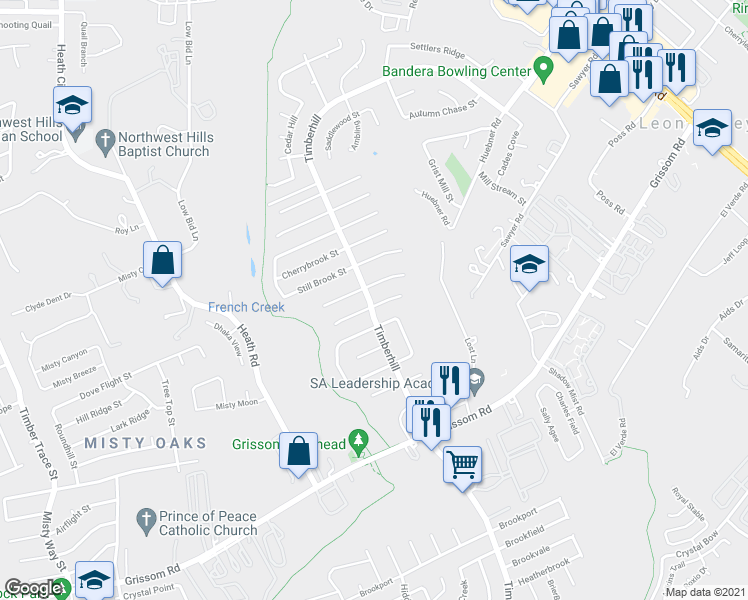 map of restaurants, bars, coffee shops, grocery stores, and more near 7235 Marble Creek Drive in San Antonio