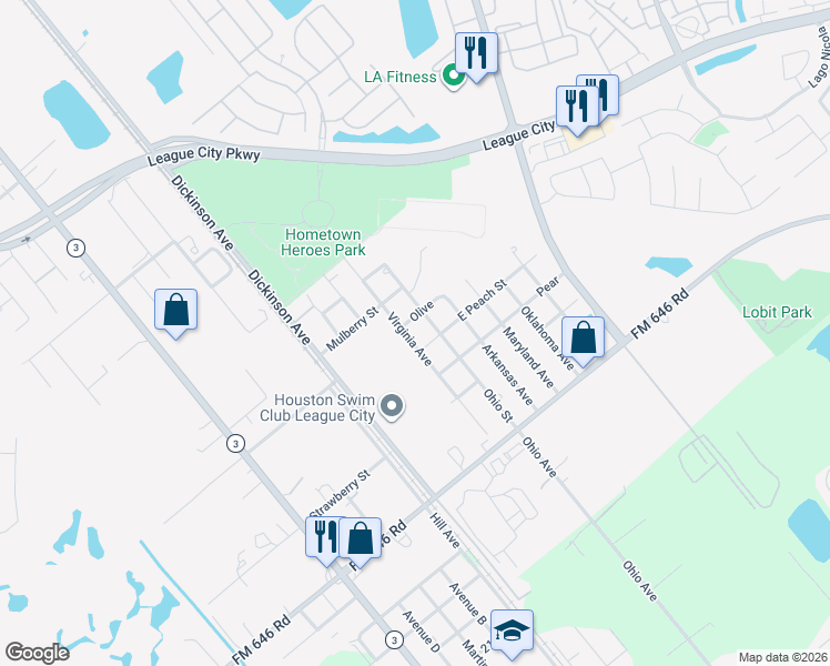 map of restaurants, bars, coffee shops, grocery stores, and more near 2606 Virginia Avenue in League City