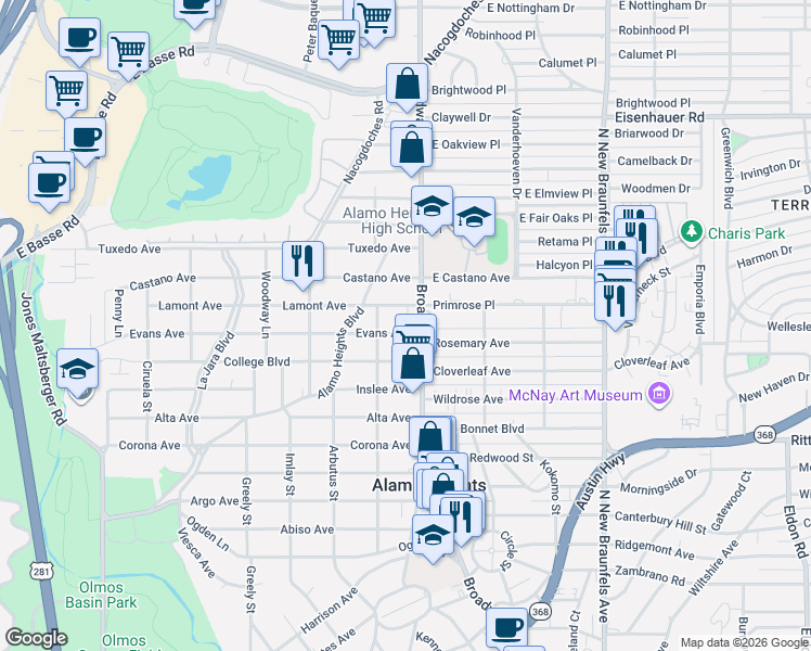 map of restaurants, bars, coffee shops, grocery stores, and more near 123 Evans Avenue in San Antonio