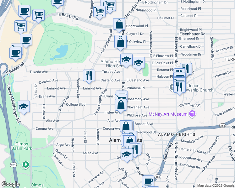map of restaurants, bars, coffee shops, grocery stores, and more near 123 Evans Avenue in San Antonio