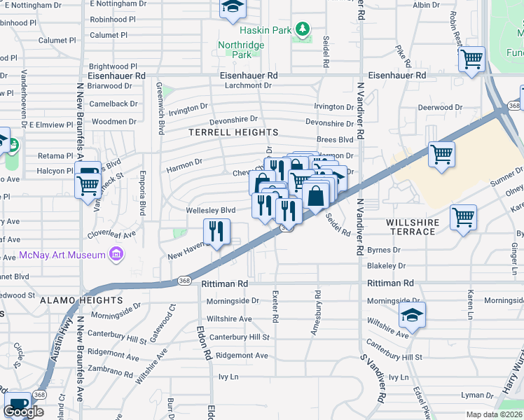 map of restaurants, bars, coffee shops, grocery stores, and more near 1211 Mount Calvary Drive in San Antonio