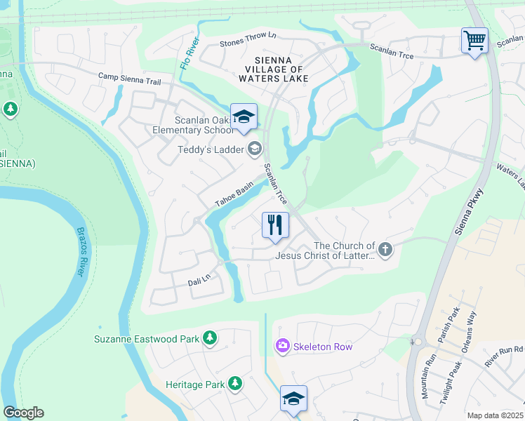 map of restaurants, bars, coffee shops, grocery stores, and more near 15 Tayside Track in Missouri City