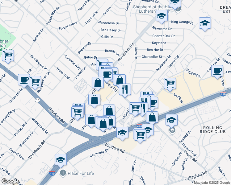 map of restaurants, bars, coffee shops, grocery stores, and more near 102 Evers Road in San Antonio
