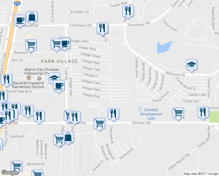 map of restaurants, bars, coffee shops, grocery stores, and more near 5167 Village Glen in San Antonio