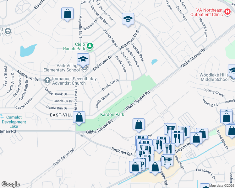 map of restaurants, bars, coffee shops, grocery stores, and more near 6082 Castle Hunt in San Antonio