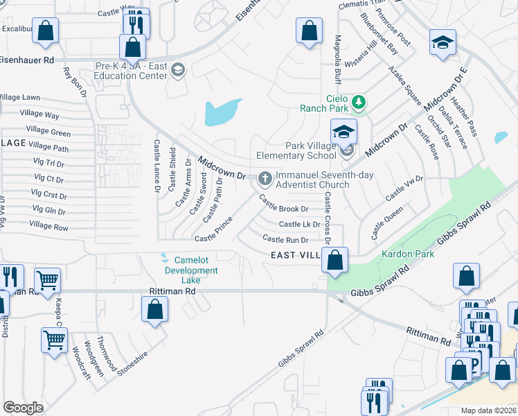 map of restaurants, bars, coffee shops, grocery stores, and more near 4743 Castle Knoll Drive in San Antonio